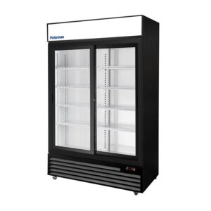 Polarman PLM-SGD52R-S 52 2/5″ Black Refrigerated Double Sliding Glass Door Merchandiser with LED Lighting, 43 cu.ft（SS-P1400WA-B）