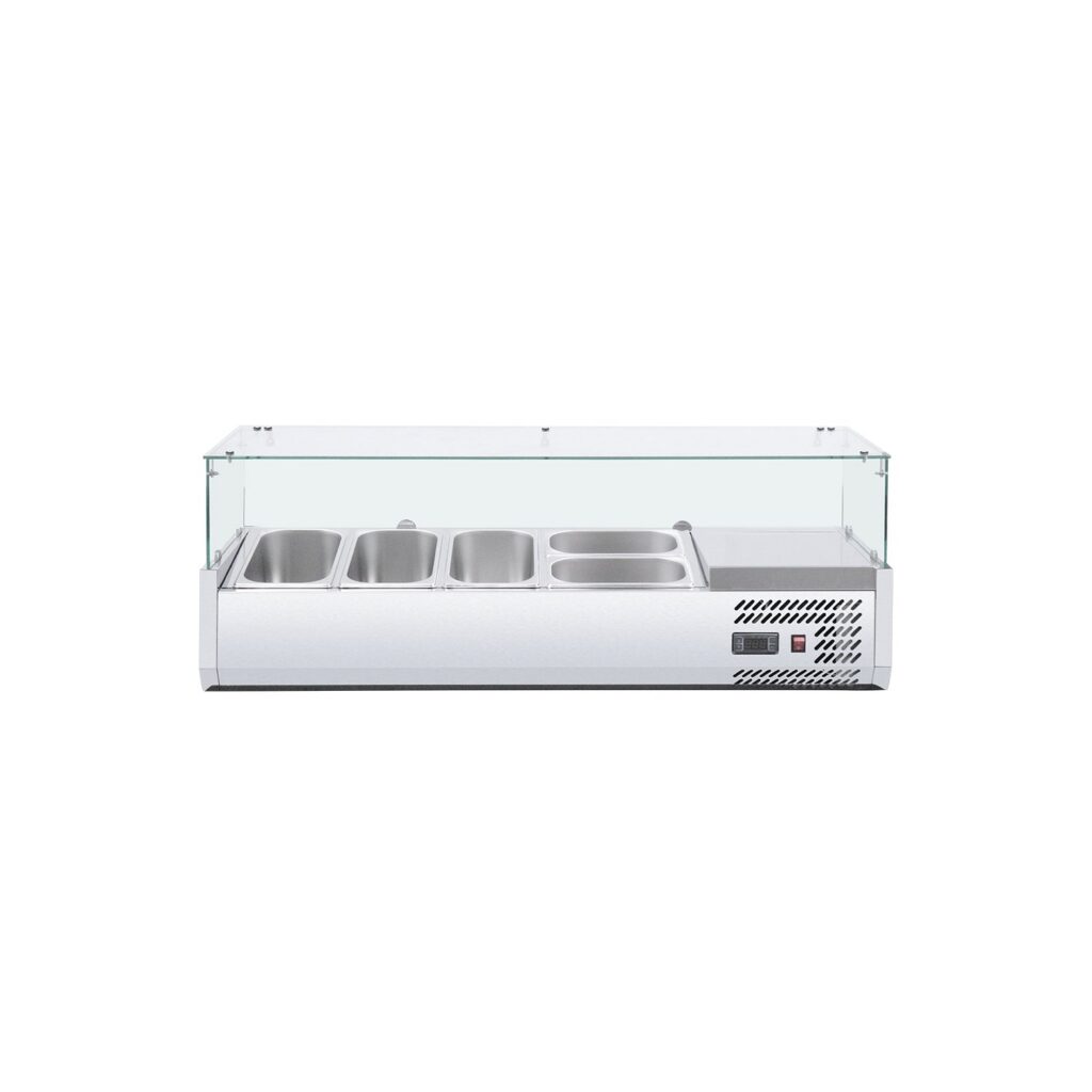Polarman RT-1200L-2 47 1/5″ Countertop Refrigerated Sushi Display Case with 4-Side Glass, (3) 1/4 + (2) 1/3 Size Pans