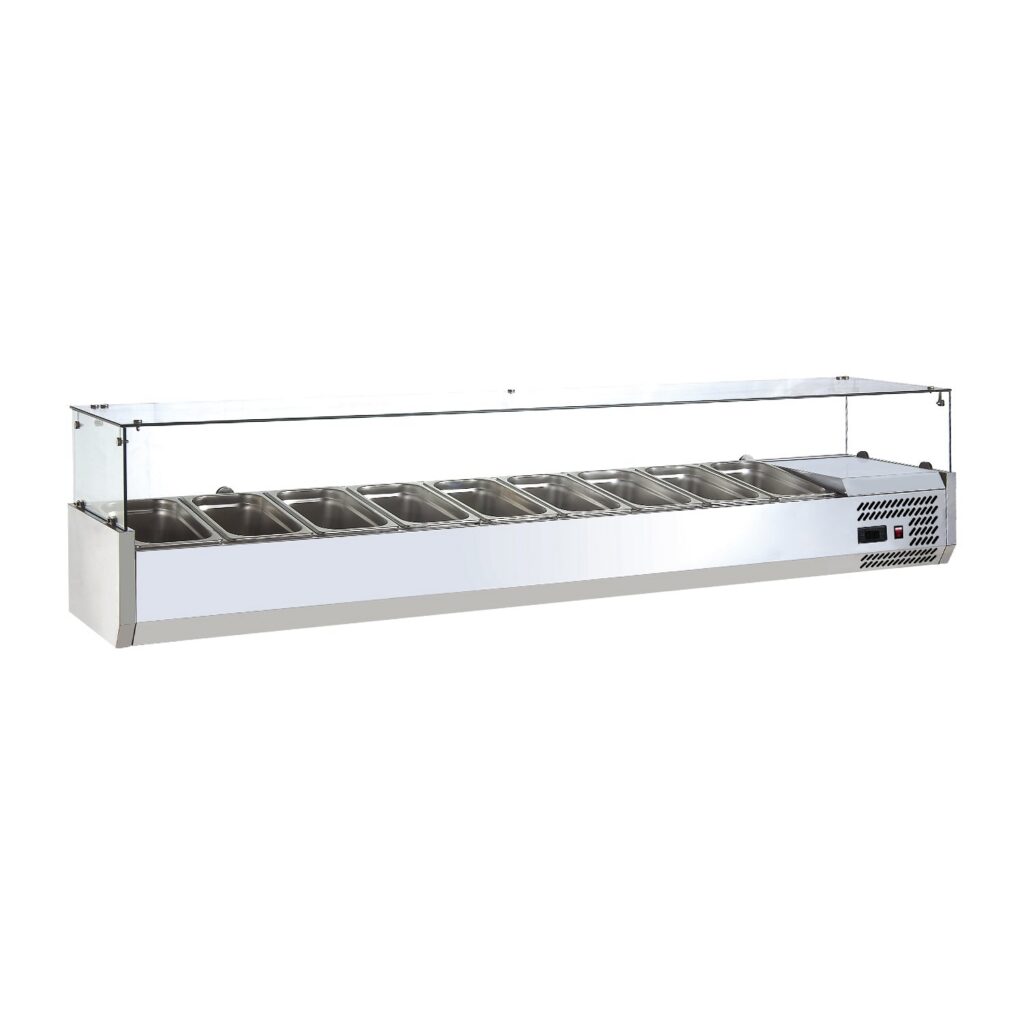 Polarman RT-2000L-2 78 7/10″ Countertop Refrigerated Sushi Display Case with 4-Side Glass, (9) 1/3 Size Pans