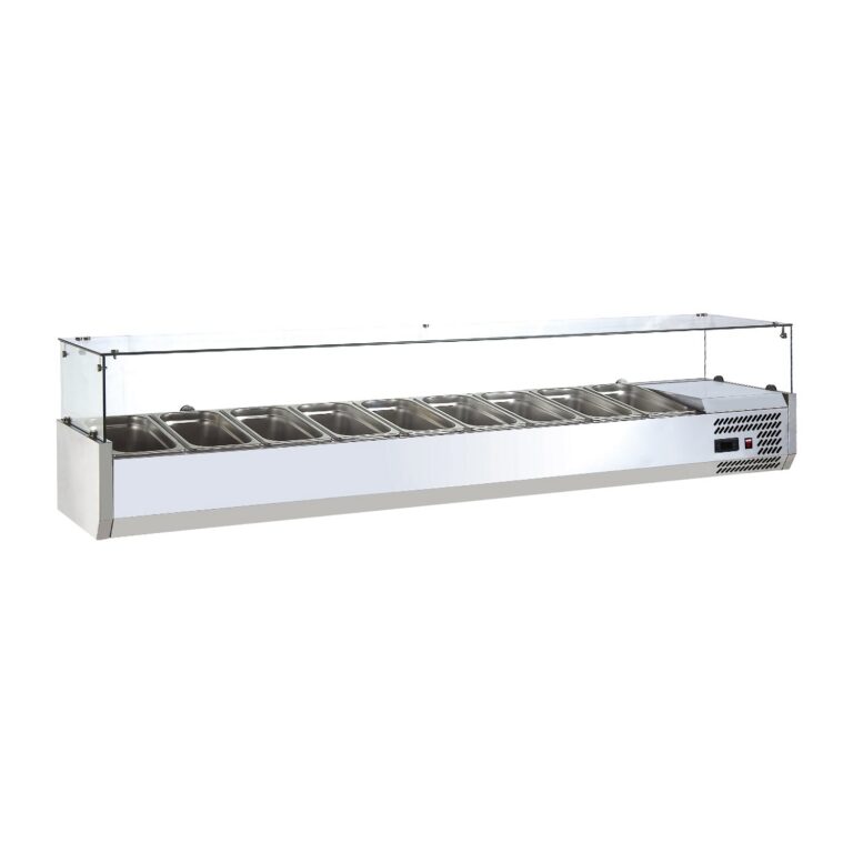 Polarman RT-2000L-2 78 7/10″ Countertop Refrigerated Sushi Display Case with 4-Side Glass, (9) 1/3 Size Pans
