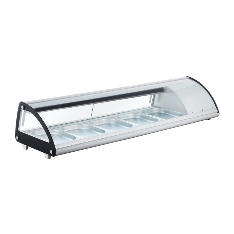 Polarman RTS-103L 69 1/10″ Countertop Refrigerated Sushi Display Case with Sliding Door, (5) 1/2 Size Pans, White