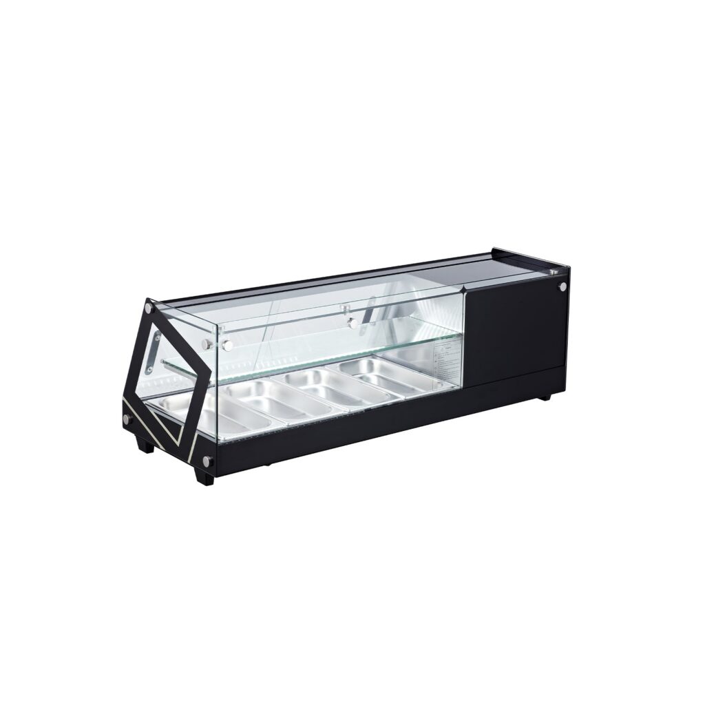 Polarman RTS-44L 44 1/2″ Countertop Refrigerated Sushi Display Case with Sliding Door, (4) 1/3 Size Pans, Black