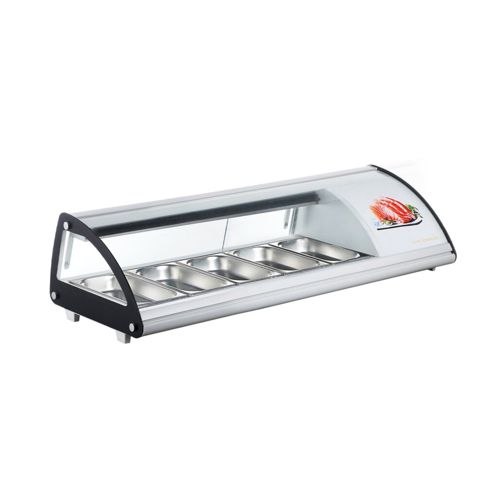 Polarman RTS-63L 51 1/2″ Countertop Refrigerated Sushi Display Case with Sliding Door, (5) 1/3 Size Pans, White