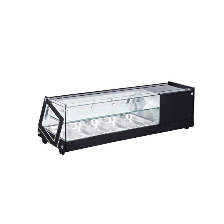Polarman RTS-64L 51 1/2″ Countertop Refrigerated Sushi Display Case with Sliding Door, (5) 1/3 Size Pans, Black