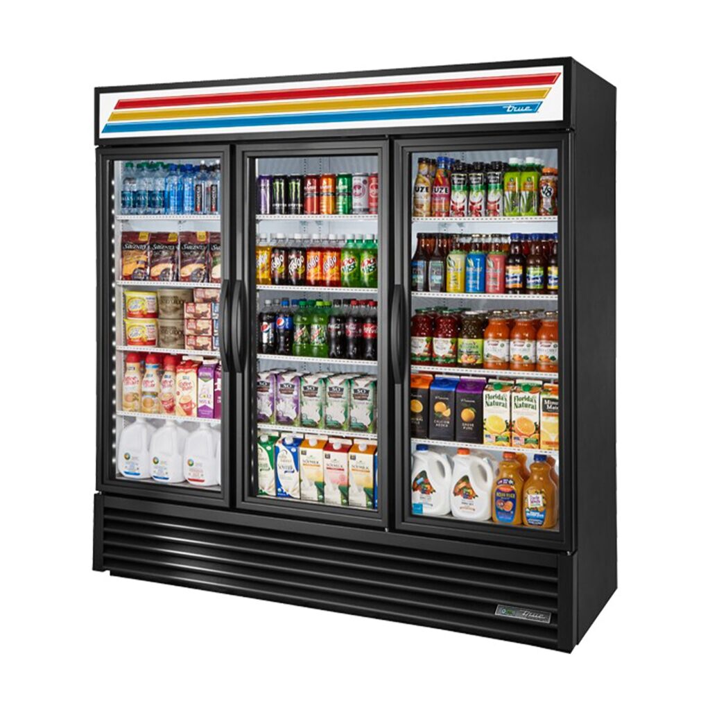 True GDM-72-HC~TSL01 78 1/8″ Black Refrigerated Glass Door Merchandiser with LED Lighting