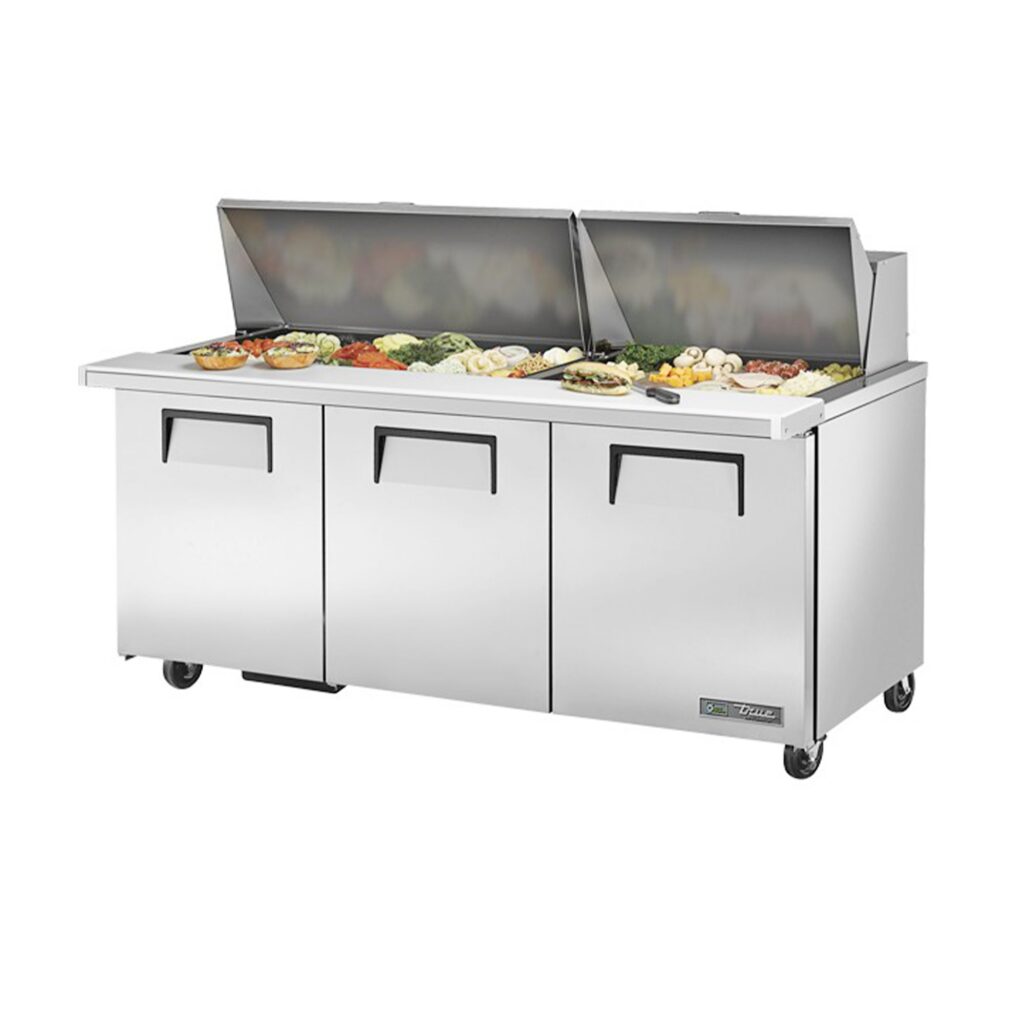 True TSSU-72-30M-B-ST-HC 72 3/8″ 3 Door Mega Top Refrigerated Sandwich Prep Table