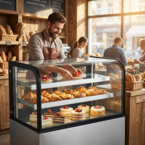 Polarman PLM-570A 72″ Curved Glass Refrigerated Bakery Display Case With LED Lights