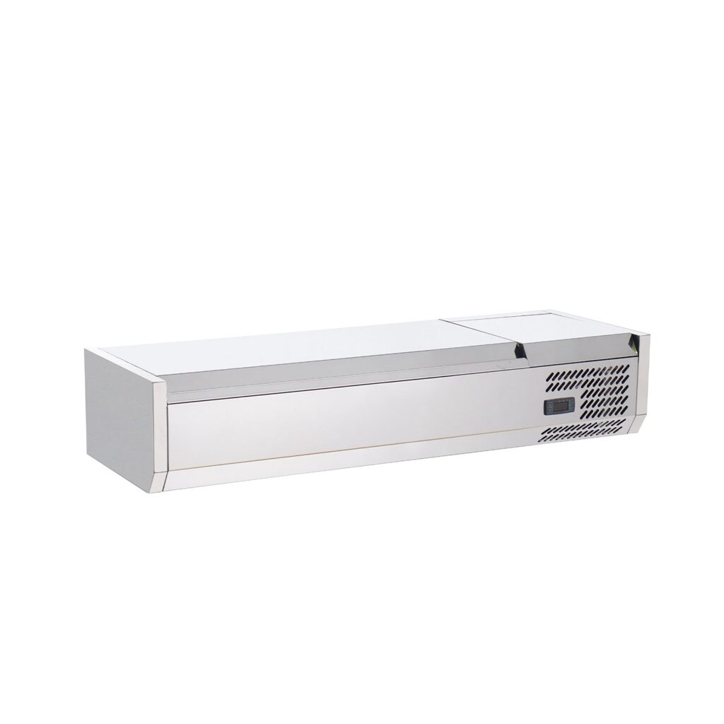 Polarman PLM-R1200L-2S 47″ Stainless Steel Countertop Refrigerated Sushi Display Case, (3) 1/3 + (2) 1/4 Size Pans