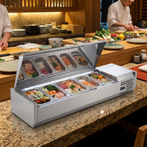 Polarman PLM-R1200L-2S 47″ Stainless Steel Countertop Refrigerated Sushi Display Case, (3) 1/3 + (2) 1/4 Size Pans