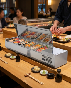 Polarman PLM-R1500L-2S 59″ Stainless Steel Countertop Refrigerated Sushi Display Case, (6) 1/3 Size Pans