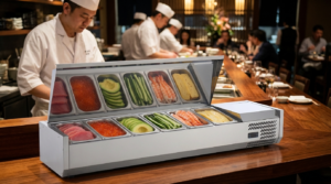 Polarman PLM-R1500L-2S 59″ Stainless Steel Countertop Refrigerated Sushi Display Case, (6) 1/3 Size Pans
