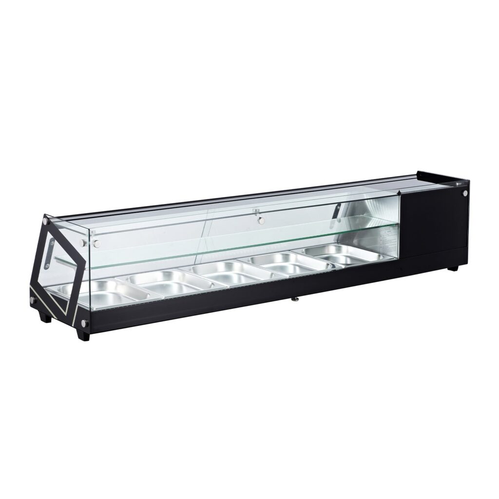 Polarman PLM-R104L 69 1/10″ Countertop Refrigerated Sushi Display Case with Sliding Door, (5) 1/2 Size Pans, Black