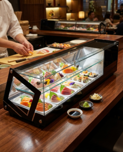Polarman PLM-R104L 69 1/10″ Countertop Refrigerated Sushi Display Case with Sliding Door, (5) 1/2 Size Pans, Black