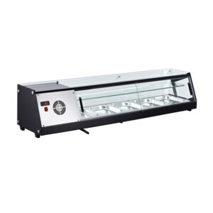 Polarman PLM-R104L 69 1/10″ Countertop Refrigerated Sushi Display Case with Sliding Door, (5) 1/2 Size Pans, Black