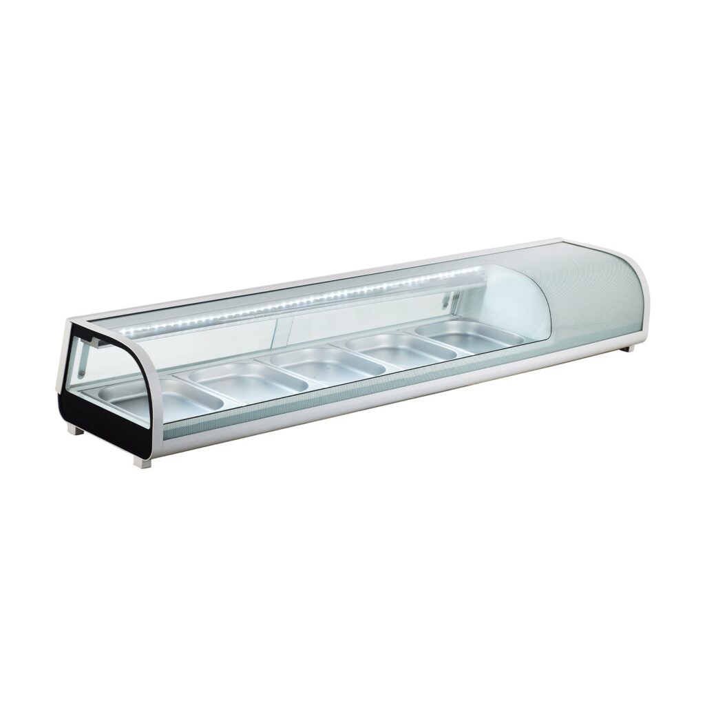 Polarman PLM-R132L 71″ Countertop Refrigerated Sushi Display Case with Sliding Door, (5) 1/2 Size Pans, White