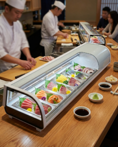 Polarman PLM-R132L 71″ Countertop Refrigerated Sushi Display Case with Sliding Door, (5) 1/2 Size Pans, White