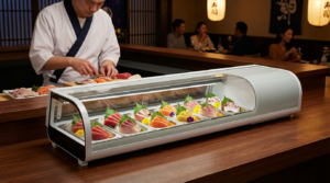Polarman PLM-R132L 71″ Countertop Refrigerated Sushi Display Case with Sliding Door, (5) 1/2 Size Pans, White