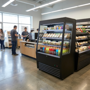 Polarman PLM-R390LSB 36″ Black Vertical Air Curtain Merchandiser with 3 Shelves