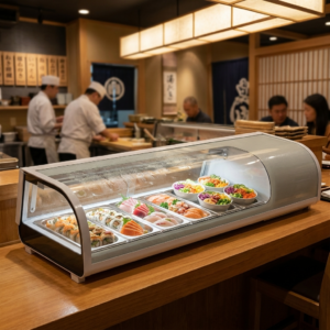 Polarman PLM-R42L 46 3/10″ Countertop Refrigerated Sushi Display Case with Sliding Door, (4) 1/3 Size Pans, White