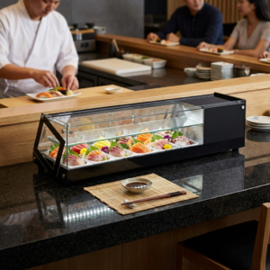 Polarman PLM-R44L 44 1/2″ Countertop Refrigerated Sushi Display Case with Sliding Door, (4) 1/3 Size Pans, Black
