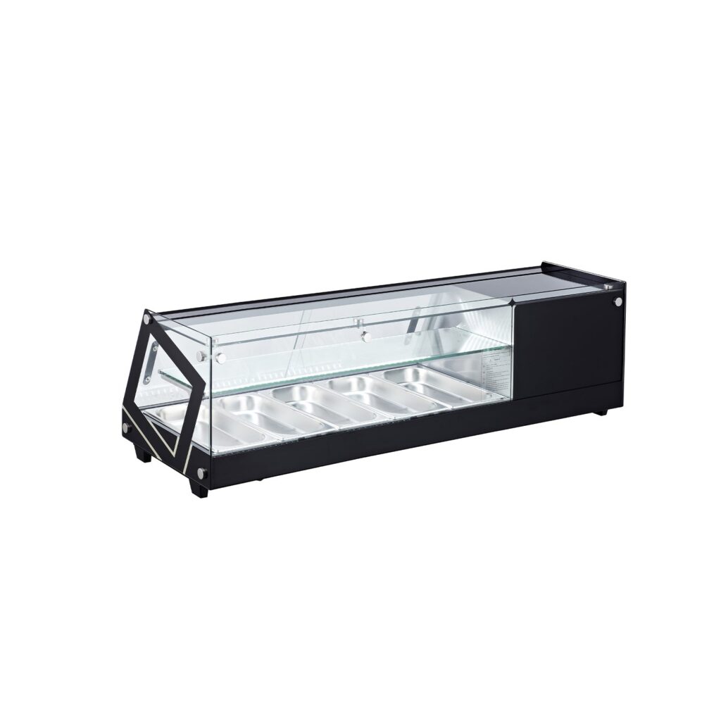 Polarman PLM-R64L 51 1/2″ Countertop Refrigerated Sushi Display Case with Sliding Door, (5) 1/3 Size Pans, Black