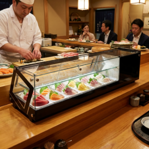Polarman PLM-R64L 51 1/2″ Countertop Refrigerated Sushi Display Case with Sliding Door, (5) 1/3 Size Pans, Black