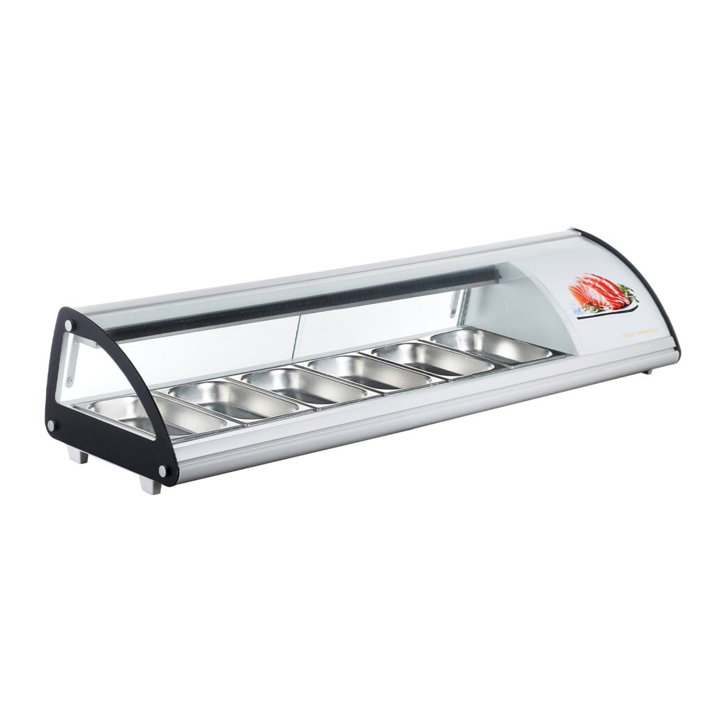 Polarman PLM-R83L 58 2/5″ Countertop Refrigerated Sushi Display Case with Sliding Door,(6) 1/3 Size Pans, White