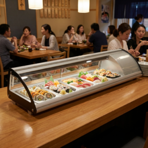 Polarman PLM-R83L 58 2/5″ Countertop Refrigerated Sushi Display Case with Sliding Door,(6) 1/3 Size Pans, White