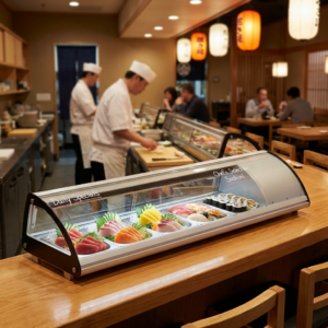 Polarman PLM-R83L 58 2/5″ Countertop Refrigerated Sushi Display Case with Sliding Door,(6) 1/3 Size Pans, White
