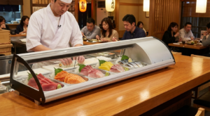 Polarman PLM-R83L 58 2/5″ Countertop Refrigerated Sushi Display Case with Sliding Door,(6) 1/3 Size Pans, White