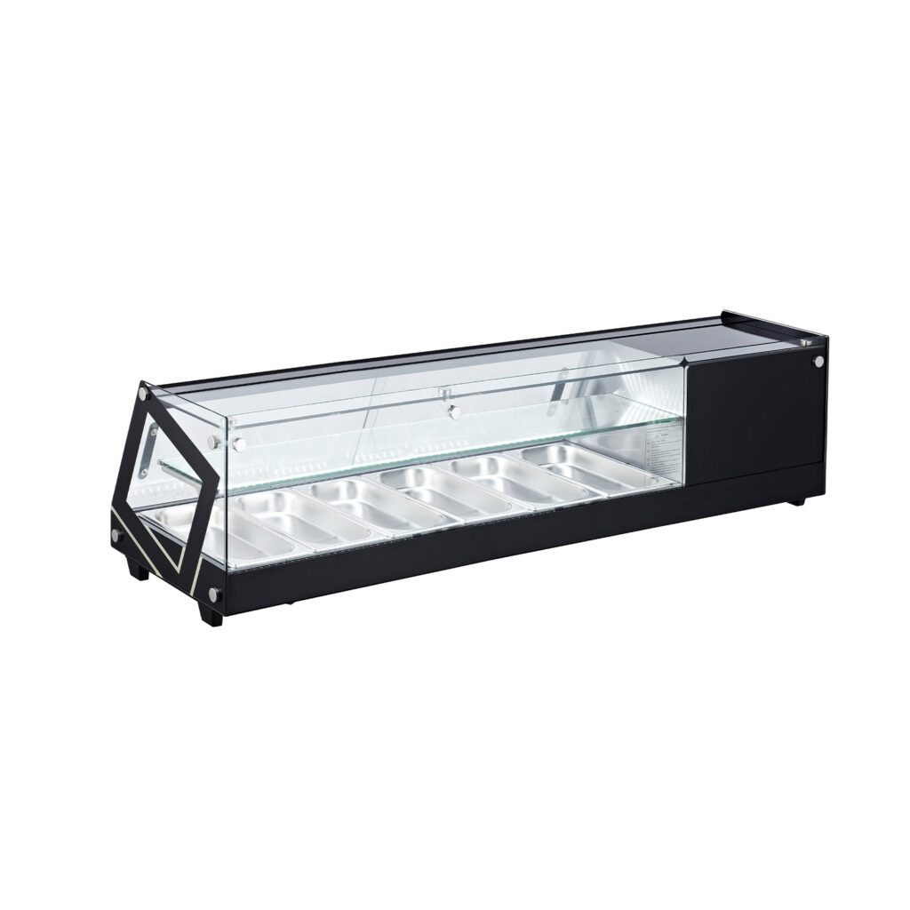 Polarman PLM-R84L 58 2/5″ Countertop Refrigerated Sushi Display Case with Sliding Door, (6) 1/3 Size Pans, Black