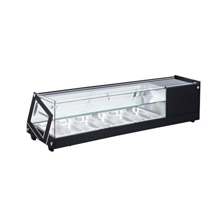 Polarman PLM-R84L 58 2/5″ Countertop Refrigerated Sushi Display Case with Sliding Door, (6) 1/3 Size Pans, Black