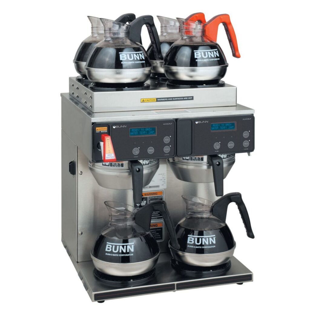 BUNN AXIOM 4/2 Twin 12-Cup Automatic Coffee Brewer — 4 Upper/2 Lower Warmers, 120/208-240V, Stainless Steel (Decanters Sold Separately)