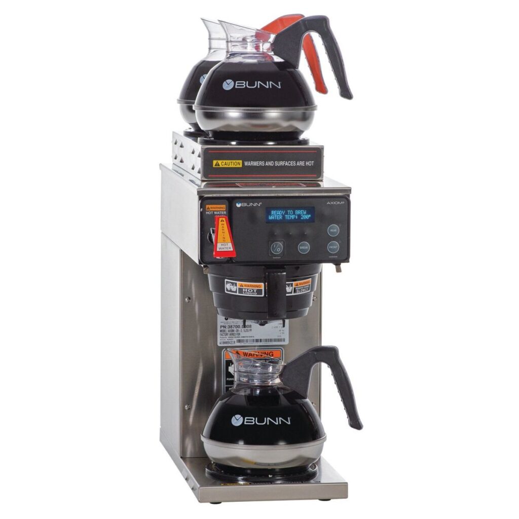 BUNN AXIOM DV-3 12-Cup Dual-Volt Automatic Coffee Brewer — 2 Upper/1 Lower Warmer, Stainless Steel (Decanters Sold Separately)