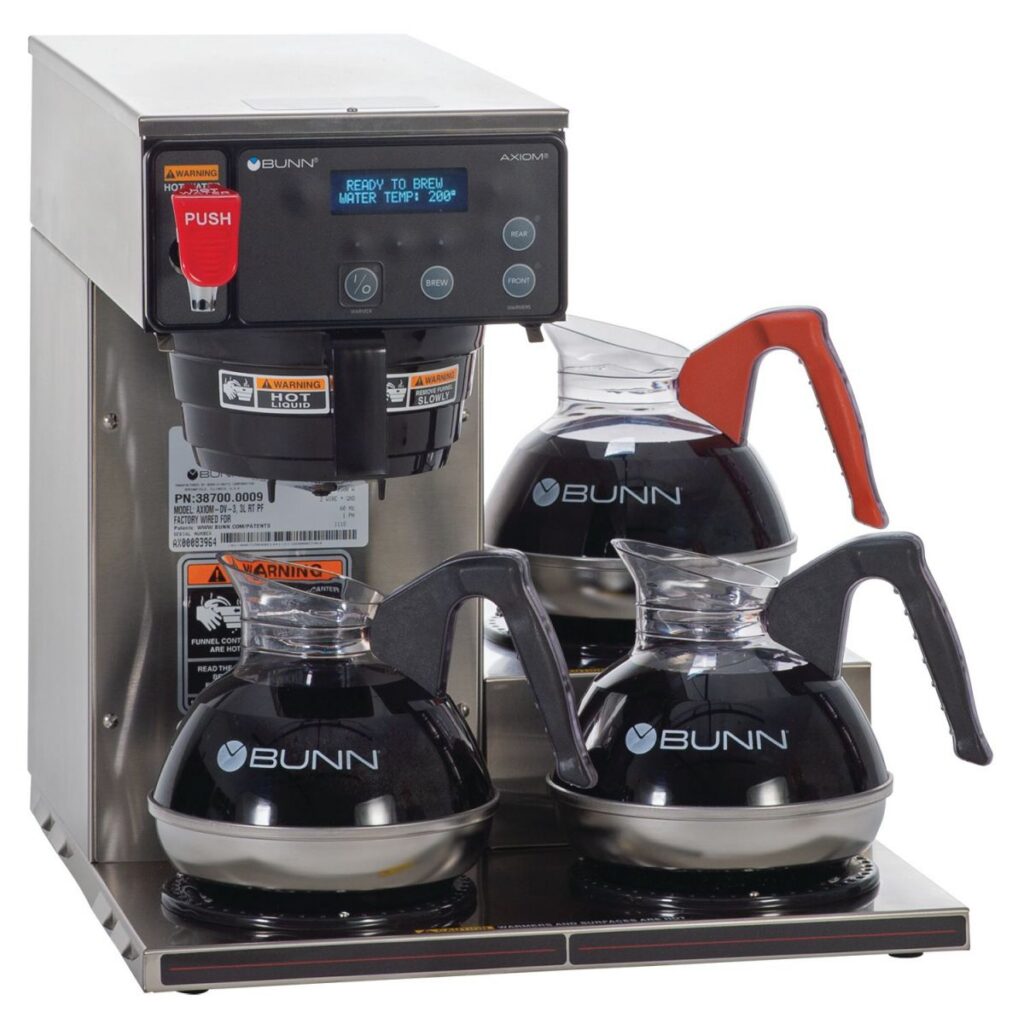BUNN AXIOM DV-3 12-Cup Dual-Volt Automatic Coffee Brewer — 3 Lower Warmers, Stainless Steel (Decanters Sold Separately)
