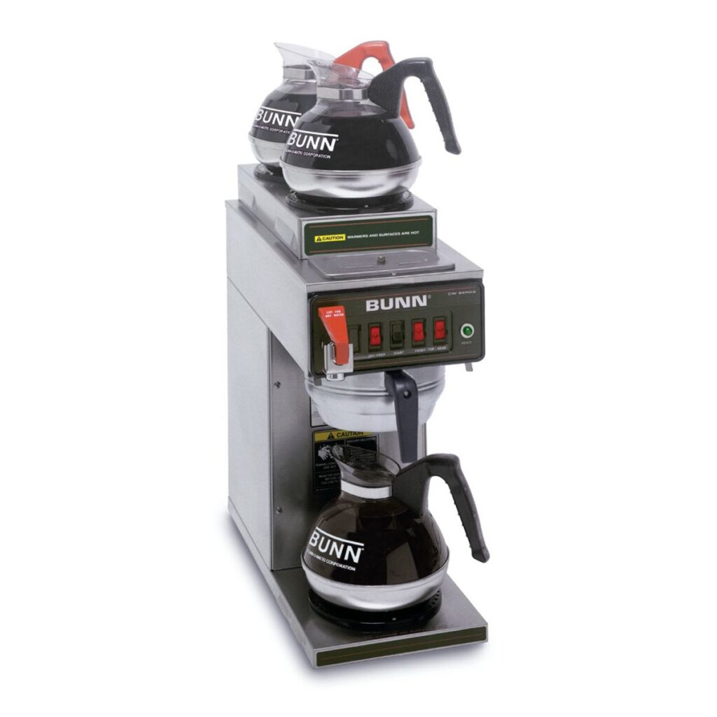 BUNN CWTF15-3 12-Cup Automatic Coffee Brewer — 2 Upper/1 Lower Warmer, Stainless Steel Funnel (Decanters Sold Separately)