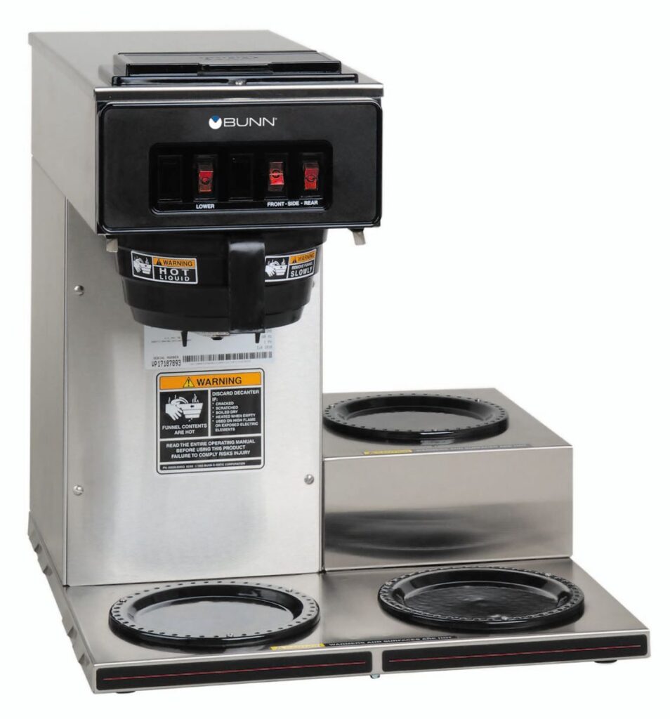 BUNN VP17-3 12-Cup Low-Profile Pourover Coffee Brewer — 3 Lower Warmers, Stainless Steel (Decanters Sold Separately)