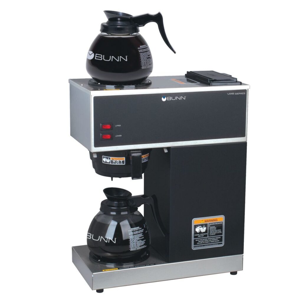 BUNN VPR 12-Cup Pourover Coffee Brewer with 2 Glass Decanters — 1 Upper/1 Lower Warmer, Black (Decanters Included)